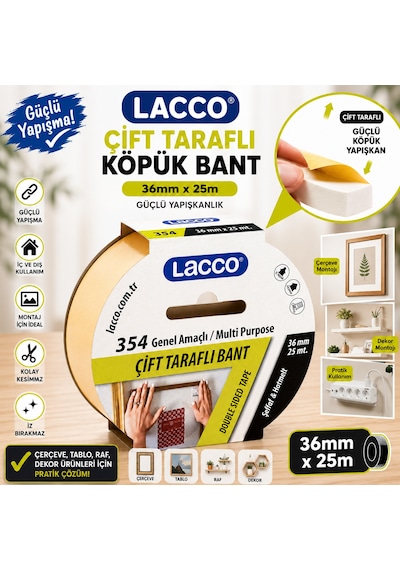 Lacco Çift Taraflı Köpük Bant 36 Mm X 25 M Güçlü Yapışkanlı Montaj Bandı Çok Amaçlı Beyaz 1 Adet