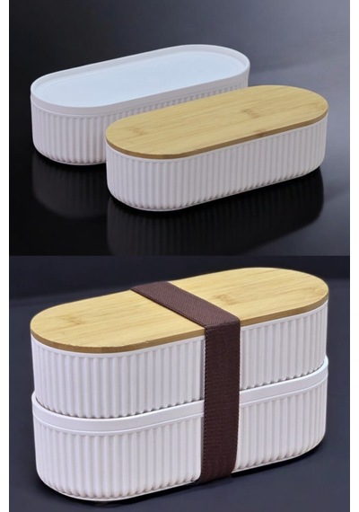Makri Home 2 Adet 2'li Bambu Kapaklı Saklama Ve Beslenme Kutusu 2 Katlı, 20 X 9 X 5,5 Cm Şeffaf