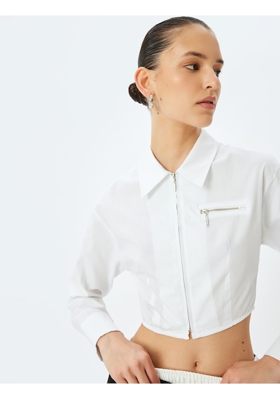 Koton Slim Fit Uzun Kollu Klasik Yaka Crop Fermuarlı Gömlek Kırık Beyaz 5sak60136pw Ekru