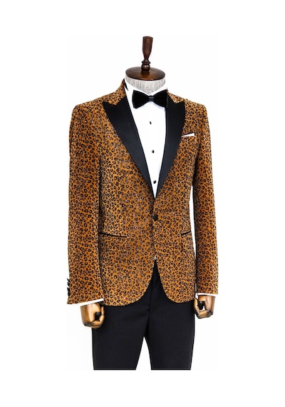 Wessi Leopar Desenli Slim Fit Dik Yaka Sarı Erkek Balo Ceket Sarı