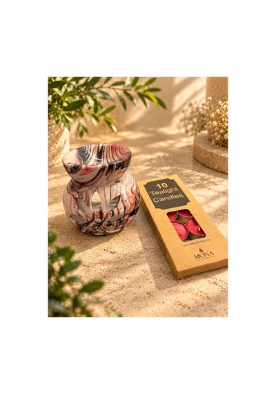 Mermer Desenli Seramik Buhurdanlık Ve 10 Lu Tealight Mum /bej/kırmızı/siyah Bej-kırmızı-siyah