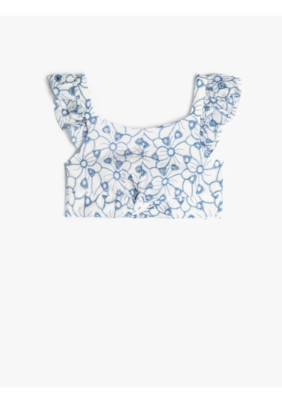 Koton Crop Bluz Askılı Fırfırlı Çiçek Desenli Fisto Detaylı Mavi 4skg60051aw Mavi