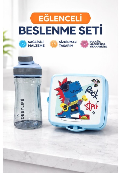 Okul Beslenme Seti: Su Matarası 530ml Ve Desenli Beslenme Kutusu Mavi