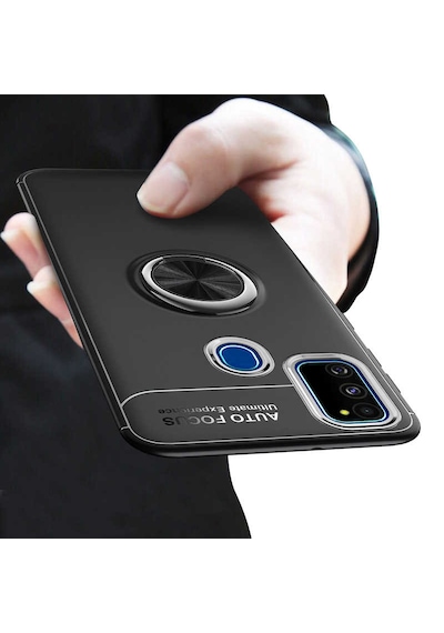 Samsung Galaxy Uyumlu M21 Kilif Yüzüklü Tam Korumali Silikon Kapak Siyah