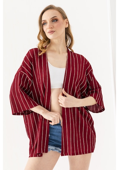 Giysa Kadın Yarım Kol Çizgili Bürümcük Kimono Bordo - 254406 Bordo