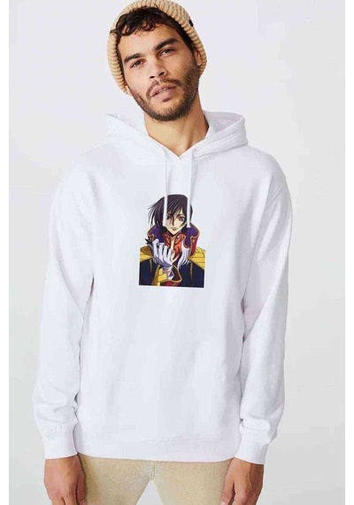 Anime One Baskılı Beyaz Erkek Örme Kapşonlu Sweatshirt (534790957)