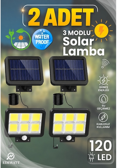 2 Adet 120 Cob Led Solar Panel Güneş Enerjili 3 Mod Duvar Lambası Bahçe
