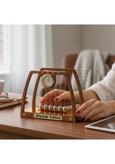 Kişiye Özel İsim Yazılı Ahşap Newton's Cradle Masa Saati Ve Dekoratif Ofis Aksesuarı
