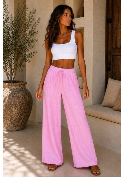 Hira Life Fashion Kadın Kumaşı Kabartma Detaylı Bol Paça Ve Önü Bağcıklı Salaş Burgu Şık Pantolon Pembe Pembe Hira Life Fashion Kadın Kumaşı Kabartma Detaylı Bol Paça Ve Önü Bağcıklı Salaş Burgu Şık Pantolon Pembe Pembe
