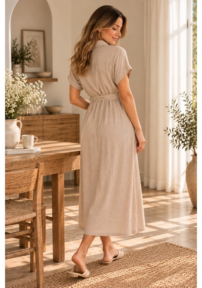 Palena Plnl5862 Doğal Müslin Gömlek Elbise - Bej