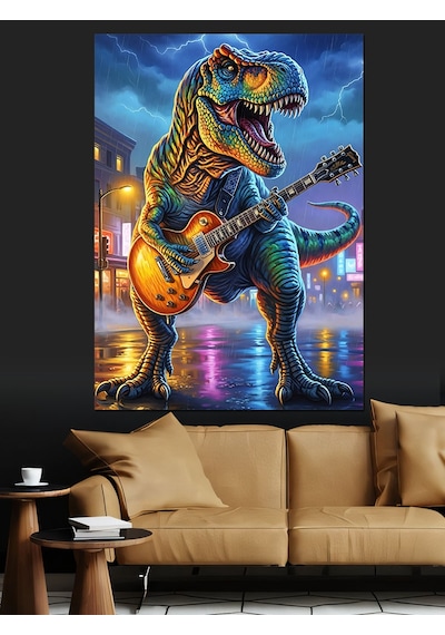 Ahşap Tablo Gitar Çalan Dinozor Rockçı