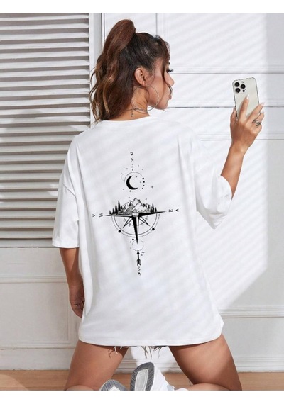 Kadın Pusula Sırt Baskılı Oversize T-shirt 001