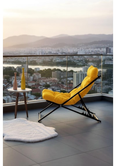 Napper Katlanabilir Sarı Şezlong - Su Geçirmez Kumaş, Metal İskelet, Balkon Ve Bahçe Sandalyesi Sarı