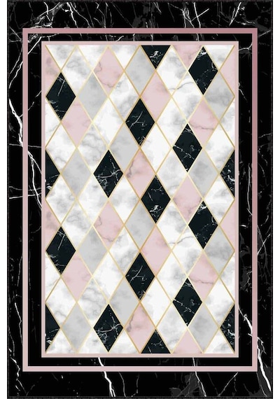 Pembe Geometrik Kaymaz Taban Makinede Yıkanabilir Halı Rv141n11