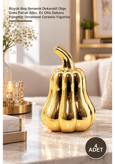 4 Adet Uzun Saplı Balkabağı Tasarımlı Biblo Büyük Boy Seramik Dekoratif Obje Gold Parlak Altın, Ev Ofis Dekoru Pumpkin Ornament Ceramic Figurine