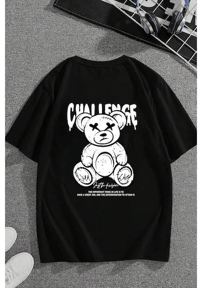 Unisex Chalenge Sırt Baskılı Tasarım Tshirt Siyah