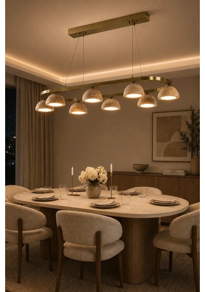Modern Premium Kumandalı 3 Renk 8 Başlıklı Traverten Mermer Sarkıt Salon Avizesi Ledli Modelleri 36w Gold