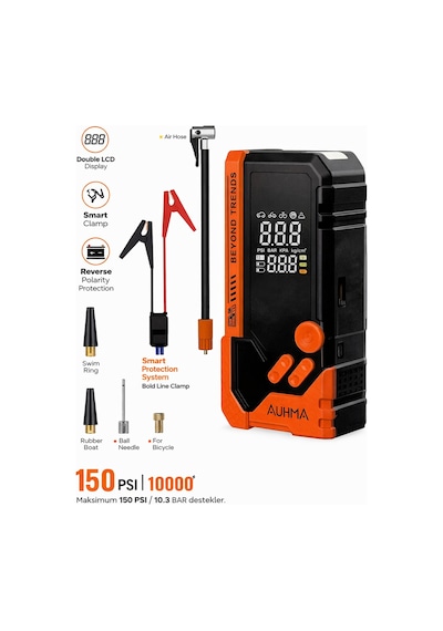 Auhma A8844 Jump Starter / Akü Takviye Cihazı 4'ü 1 Arada Powerbank, Hava Kompresörü,10.000mah 150psı Turuncu
