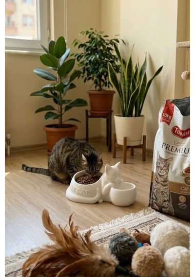 Kedi Figürlü Mama Kabı Çift Hazneli Dekoratif Mama Ve Su Kabı 25 Cm