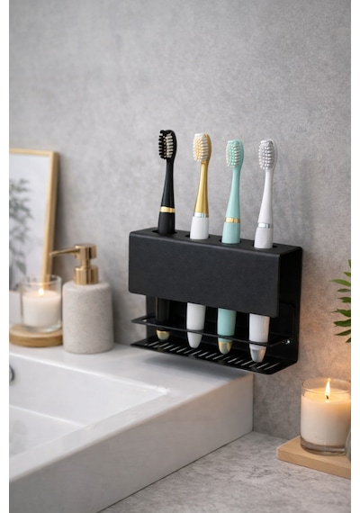 Metal Diş Fırçalık Siyah 4 Bölmeli Duvara Monte Diş Fırçası Tutucu Banyo Organizer