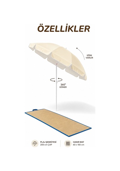 Krem 2 Metre 10 Telli Plaj - Bahçe Şemsiyesi Ve Hasır Mat Bej