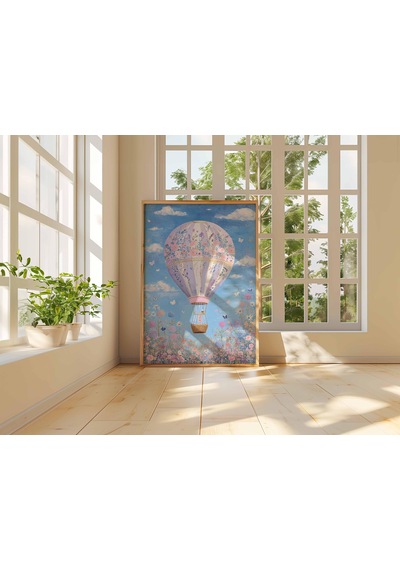 Hayalperest Çiçekli Sıcak Hava Balonu Sanat Baskısı Pastel Kır Evi Tarzı Maksimalist Çocuk Odası Duvar Dekoru