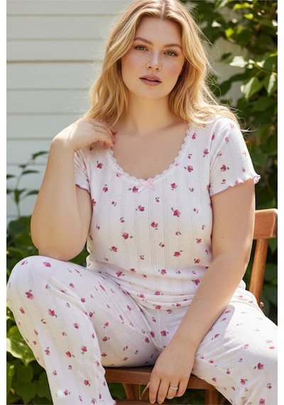 Siyah İnci Pamuklu Pointel Ajurlu/delikli Büyük Beden Örme Pijama Takım26120891 Pembe Çiçek