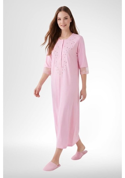 Mecit Pijama Mecit 6365 Pembe Kadın Dantelli Pamuklu Uzun Gecelik