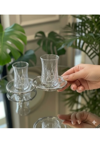 12 Parça 6 Kişilik Kristal Kesim Cam Çay Takımı Bardak Ve Tabak Seti Beyaz