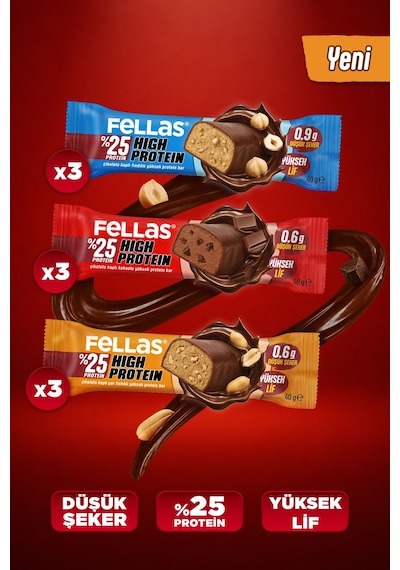 Fellas Çikolata Kaplı Yüksek Protein Bar 40g Karma Kutu 3 X 3