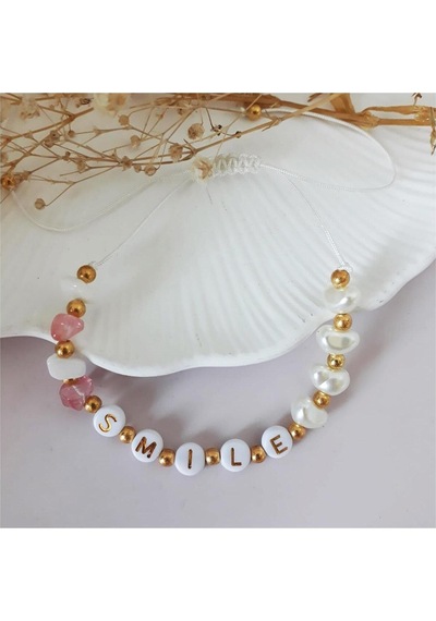 Makrome Örme Smile Yazılı Sedef & Gül Kuvars Doğal Taş & İncili Kadın Bileklik & Halhal Çok Renkli