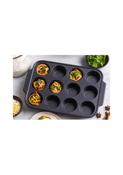 Greenpan Thermolon Yüzey 12 Li Muffin Kabı Pfas İçermeyen Yüzey Karbon Çelik 230 C Fırın Daya Siyah