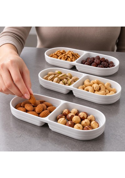 2 Bölmeli Porselen Çerezlik 3 Lü Set, 25,2 10 2,3 Cm, Beyaz Oval Kuruyemiş Ve Kuru Meyve Tabağı, Kahvaltılık Zeytinlik, Meze Sos Ve Atıştırmalık Sunum Tabağı, 3 Adet