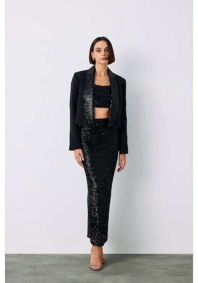 Sateen Pul Payetli Midi Etek - Siyah-135196 Siyah