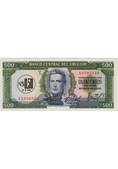 Uruguay 500 Peso 1967 Üstüne 0,50 Yeni Peso 1975 Çil.