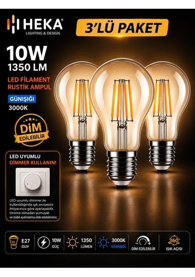 3 Adet Heka 10w Günışığı 3000k E27 Duylu Dim Edilebilir Led Rustik Ampul