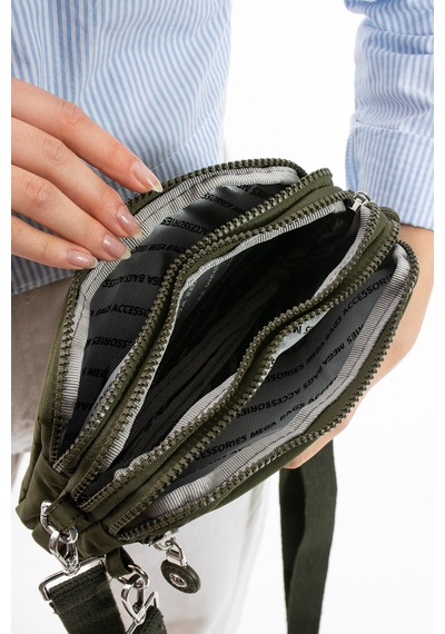Nemo Bags Haki Unisex Cüzdan, 4 Gözlü, Telefonluk, Crinkle Kumaş, Çapraz Askılı Omuz Çantası, 20x12cm Haki