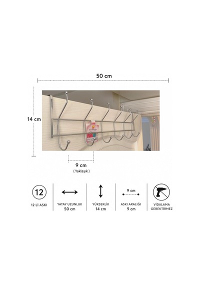 12'li Krom Kapı Arkası Askılık - 50 Cm Genişlik, Vidasız Matkapsız Kapı Üstü Askı, Çok Amaçlı E 12'li Krom Kapı Arkası Askılık - 50 Cm Genişlik, Vidasız Matkapsız Kapı Üstü Askı, Çok Amaçlı E