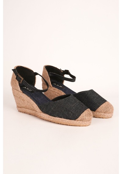 Star Tombis Gerçek Elişi Hasırlı Keten Espadril Dolgu Topuk Handmade Mavi