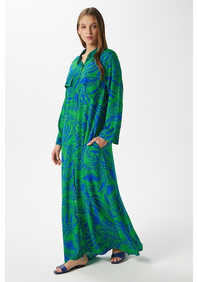 Ritnice Modest Kadın Leaf %100 Viskon Mavi Yeşil Önden Düğmeli Uzun Elbise Yeşilsaksmavi Çok Renkli Ritnice Modest Kadın Leaf %100 Viskon Mavi Yeşil Önden Düğmeli Uzun Elbise Yeşilsaksmavi Çok Renkli
