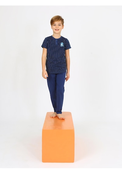 Vitmo Erkek Çocuk Kısa Kollu %100 Pamuklu Düğme Detaylı Sailboat Pijama Takımı İndigo