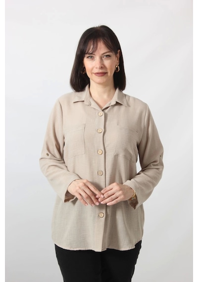 Moda Berray Bb-077 Bej Pamuk Keten Kolu Apoletli İki Cepli Kadın Büyük Beden Gömlek Bej