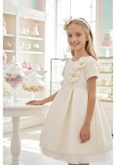 Pamina Kids Pamina Kız Çocuk Taç Tokalı Tüllü Elbise Ekru 36190