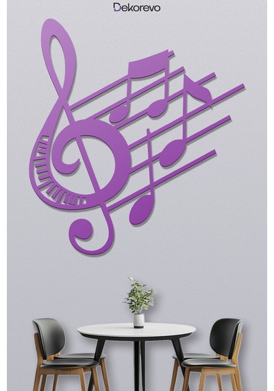 Sol Anahtarı Ve Notalar Metal Duvar Tablosu - Metal Duvar Sanatı - Mor - 45 X 50 Cm
