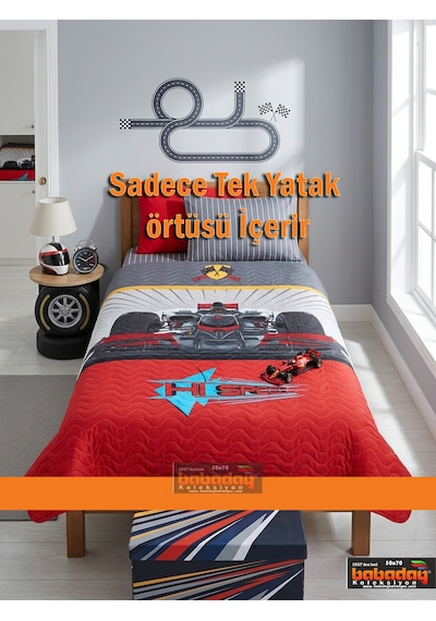 Kapitoneli Çocuk Araba Desenli Yatak Örtüsü Kırmızı - Gri