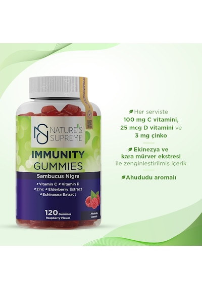 Natures Supreme Immunity Gummies 120 Çiğnenebilir Form Ahududu