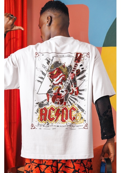 Ac Dc Rock Metal Müzik Grubu Sırt Baskılı Unisex Oversize Tişört Beyaz