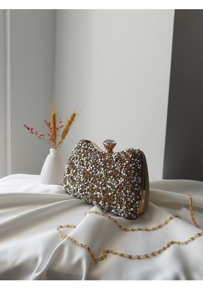 Vivazzaluxe Kristal Taşlı Kadın Abiye, Clutch Çanta Altın