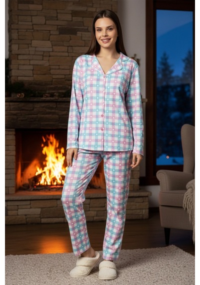 Remsa Kadın Ekose Desen Önü Düğmeli Suprem Pijama Takımı 0549 Beyaz01 Beyaz01