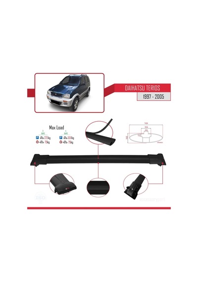 Daihatsu Terios 1997-2005 Arası İle Uyumlu Fly Model Ara Atkı Tavan Barı Siyah 3 Adet Bar
